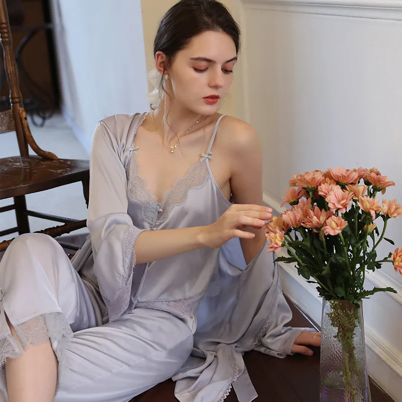 Women Sexi Three-Pieces Silk Night Robe Sleeveless Spaghetti Strap Pajamas Full Sleeves Morning Robe Cardigan Sleepwear New