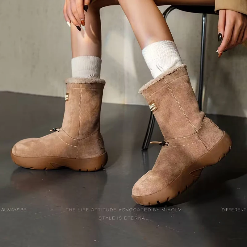 Зимние женские ботильоны на меху замшевая обувь плоской подошве и платформе
