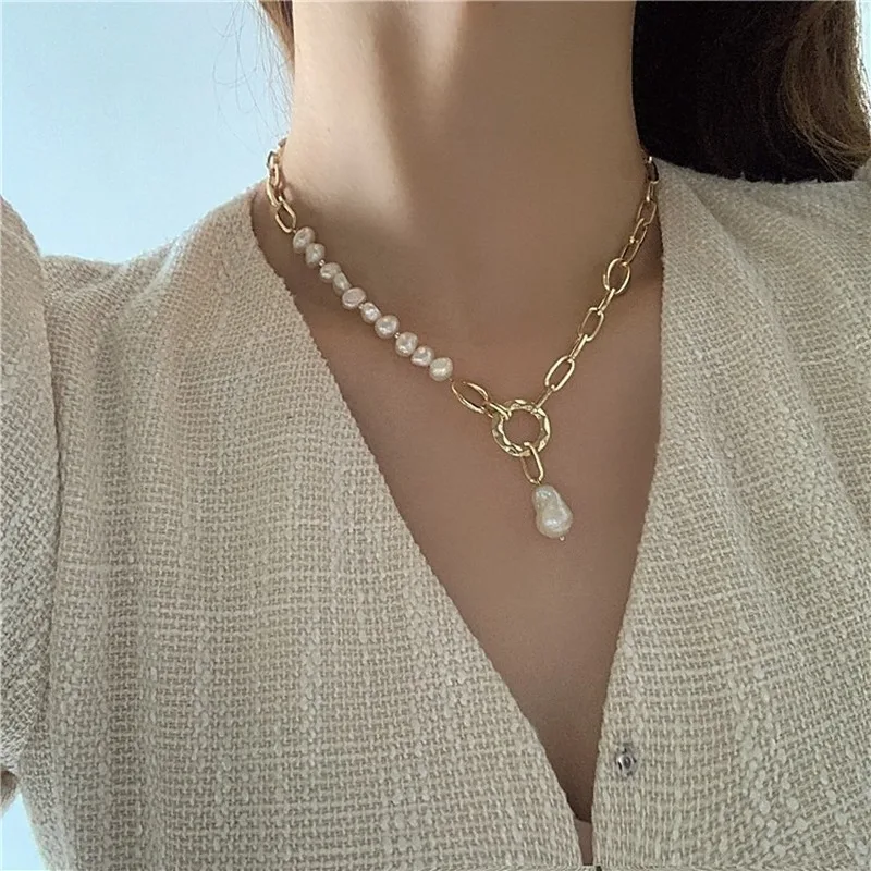 

LOVOACC Baroque Freshwater Pearl Adjustable Chokers Necklaces Steampunk Chunky Link Chain Pendant Necklace Elegant Accessories