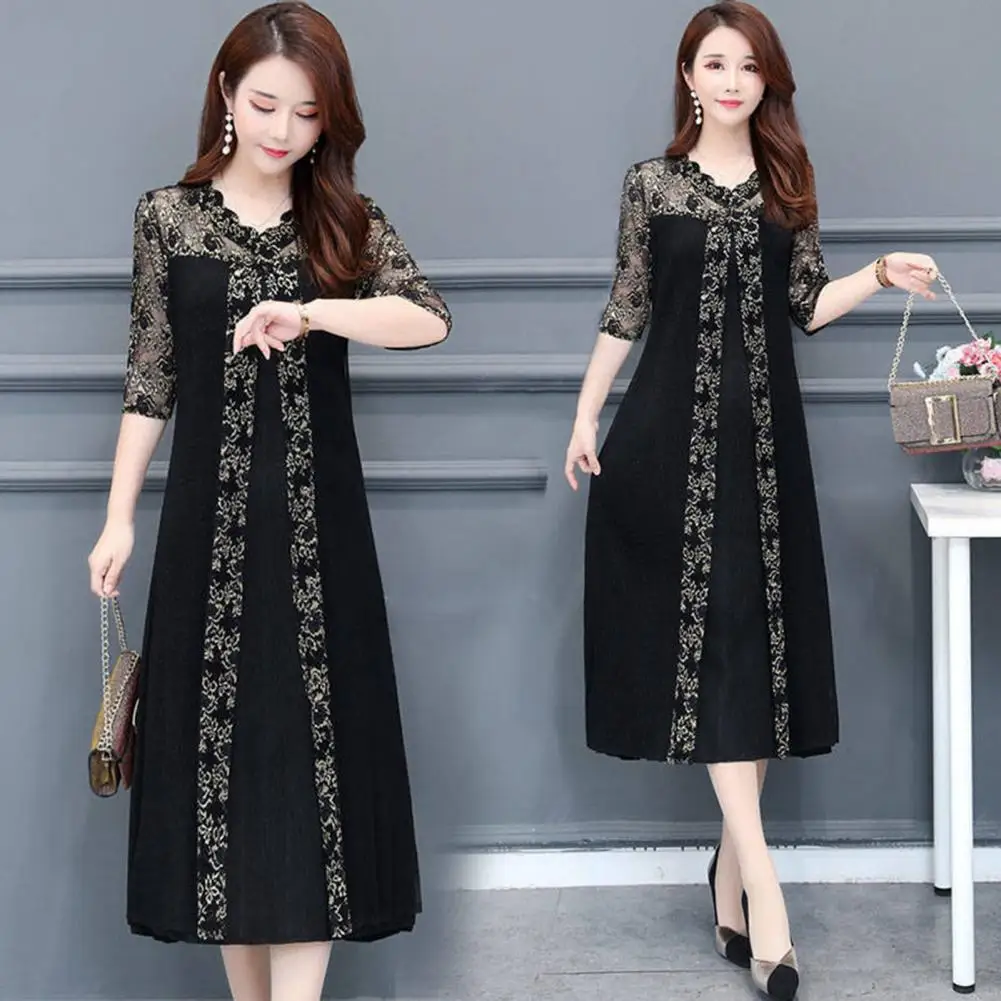 

Party Dress Loose Fit Skin-touching Floral Net Yarn Stitching Casual Long Dress Anti-pilling Elegant Dress Daily Clothing