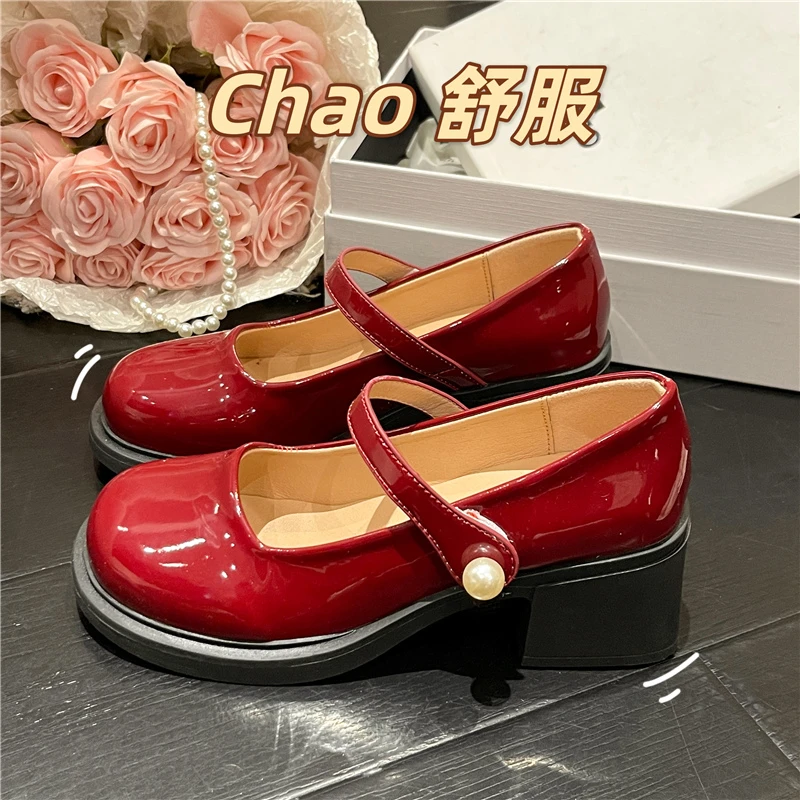 

Маленькие Кожаные Туфли Мэри Джейн, женские туфли в британском стиле на высоком каблуке, на толстом каблуке, с жемчугом, на весну и осень