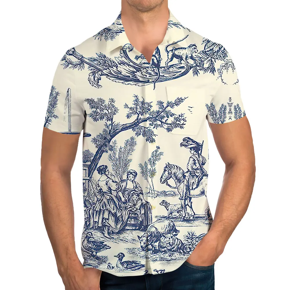 

Рубашка мужская с коротким рукавом, Свободный Топ с принтом в ретро стиле, очень большая сорочка с принтом, с отложным воротником и коротким...