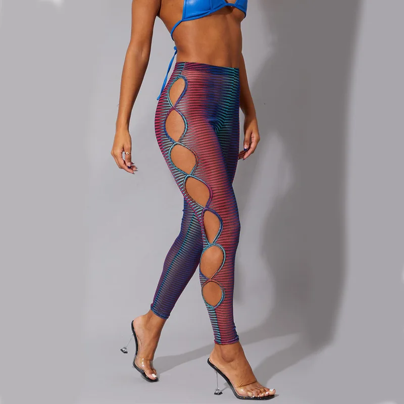 

2022 Summer Women's Colorful Neon Stripe Printed Hollow Pants Stretch Milk Silk Tight-fitting