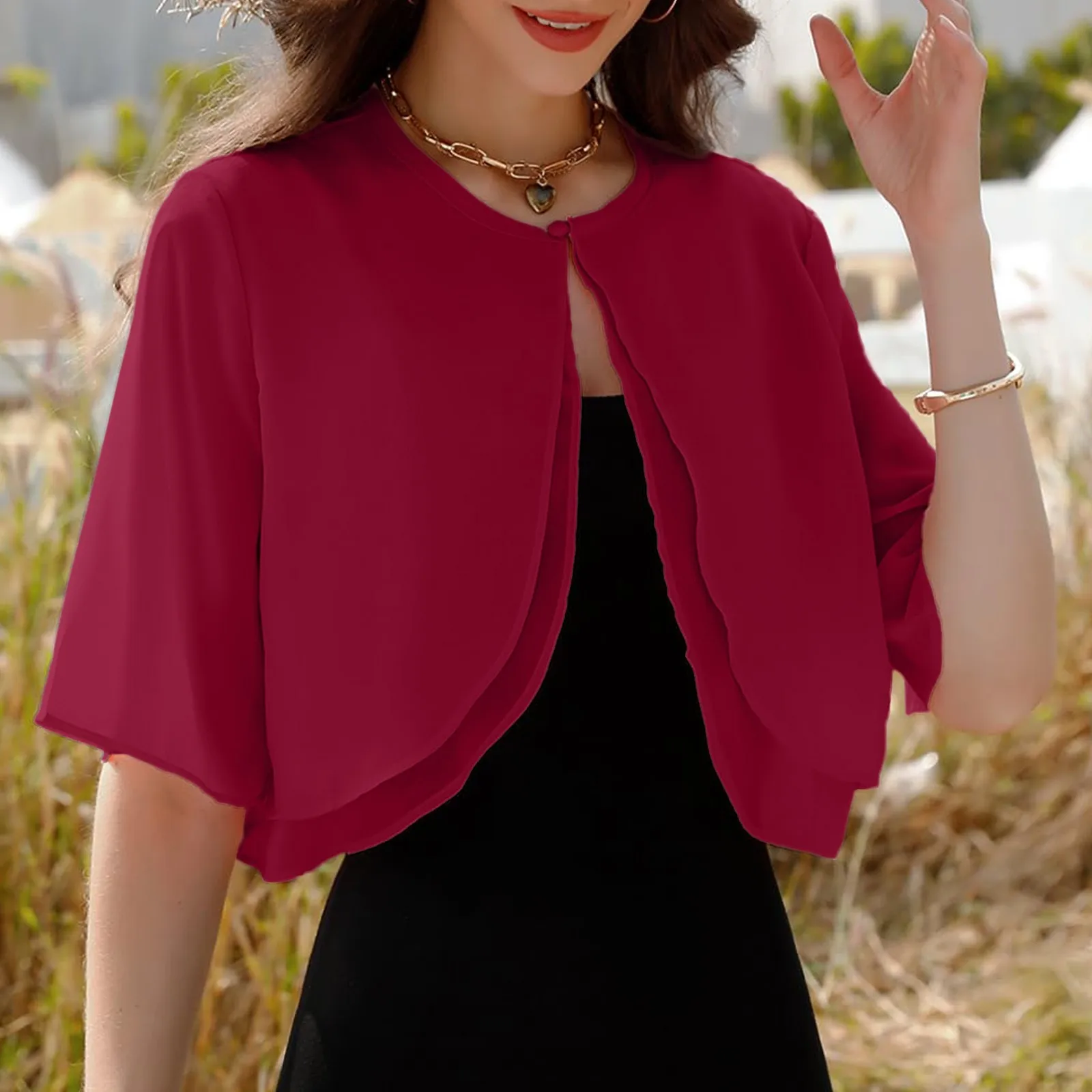 Элегантное многослойное болеро с круглым вырезом шелковый легкий кардиган