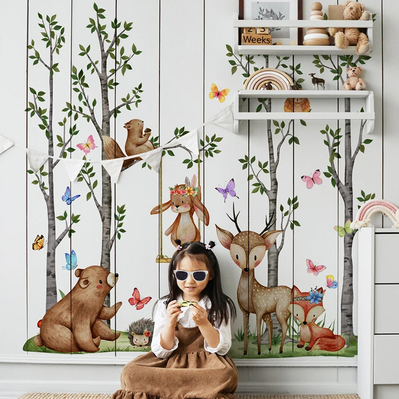 Новые лесные животные дерево настенные наклейки медведь лиса олень для детей