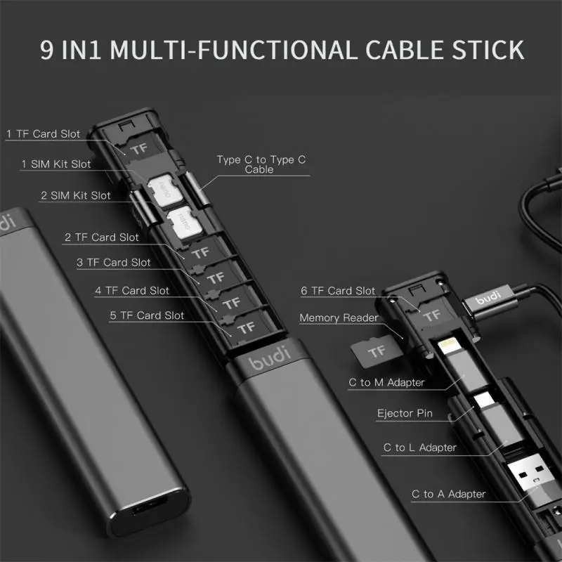 

BUDI Multi-function Smart Adapter Card Storage Data TF Types Cable USB Box 6 KIT SD Memory Card SIM Multi-Cable Reader Cable