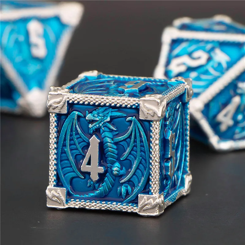 

KERWELLSI 7pcs Blue Metal DND Polyhedral Dice Set, Dragon D&D Dice Set for MTG, RPG Role Playing Dice Roll D20 D12 D10 D8 D6 D4