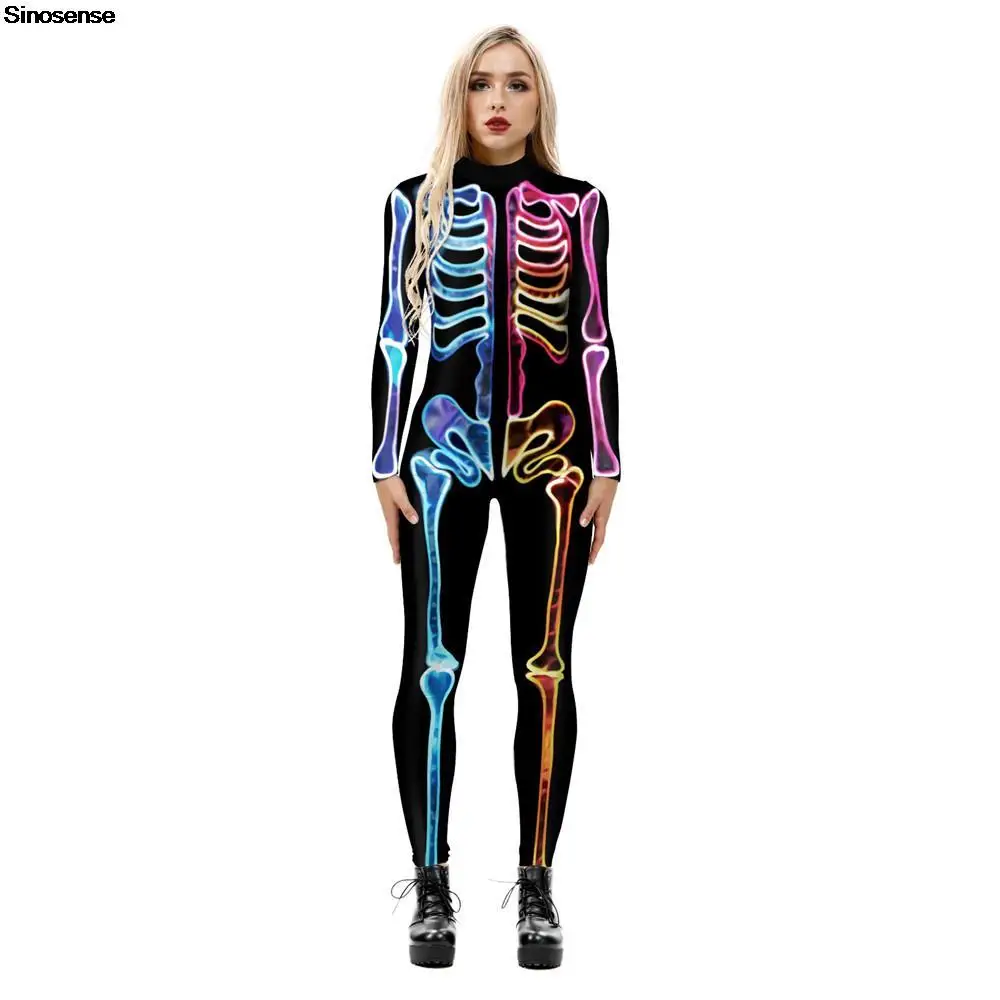 Women's Halloween Jumpsuits Skeleton Costume Bone Printed Stretchy Funny Cosplay Catsuit Bodysuit Rompers Adult Costumes