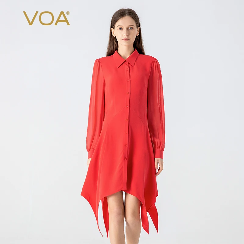 

(Fans Exclusive Discount) VOA Silk Red POLO Collar Shirt Long Sleeves Dresses Women Single Breasted Fashion Party Dress AE1897
