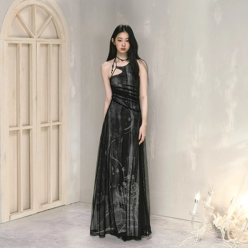 Женское Сетчатое платье с принтом новое вечернее длинное подвесным воротником