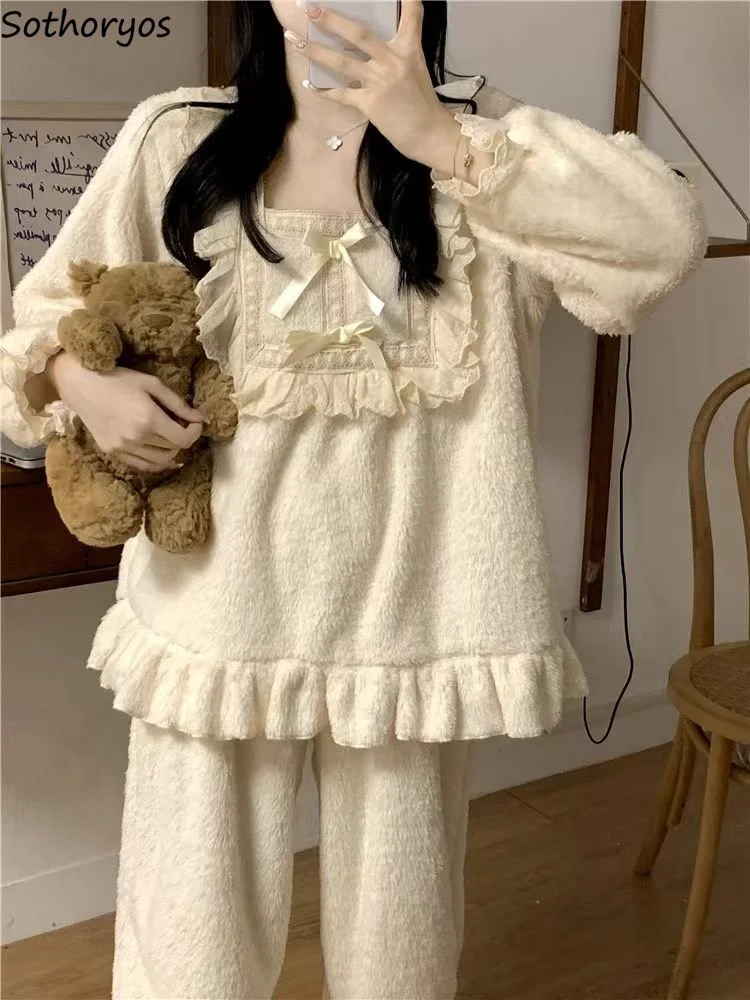 

Pajama Sets Women Lovely Square Collar Femme Popular Comfortable Winter Schoolgirl Solid Ruffles Design Sleepwear Basic Korean