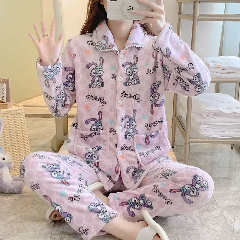 Coral Velvet Pajamas for Women In Autumn and Winter, Thickened, Warm, Long Sleeved, Cartoon, Love, Bear, Flannel Housewear Suit