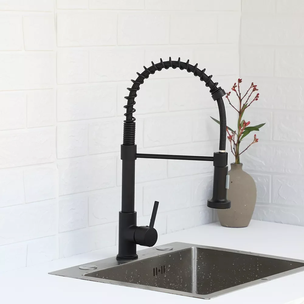 

Matte Black Spring Kitchen Faucet Cold and Hot Mixer Pull Out Two Function Deck Mounted Tap With Free Hose