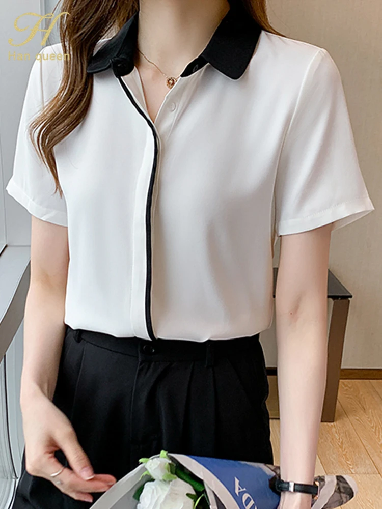 

H Han Queen Elegant Professional Wear Blouses Colorblock Simple Shirt Summer Tops Korean Casual Blouse Short Sleeve Women Blusas