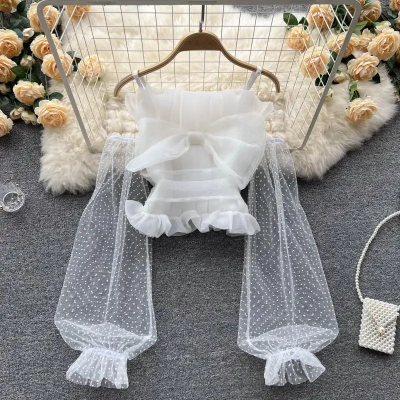 

Retro Spring Summer 2022 Women's New Fashion Slash Neck Sexy Gauze Long Sleeve Shirts Sweet Short Top Mujer Blouse E075