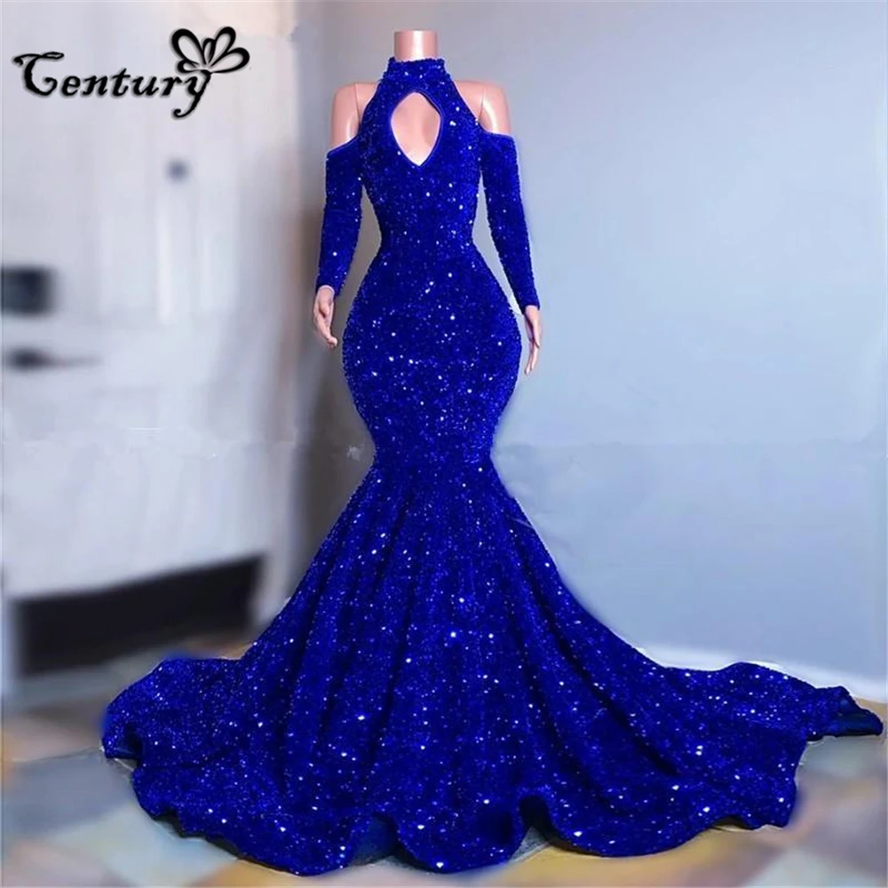 

Royal Blue Mermaid Evening Dress for Women Halter Neck Long Sleeves Sparkle Prom Gowns Formal Occasion Dresses Robe de Soiree