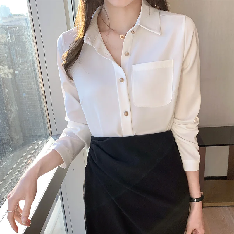 Шифоновая белая блузка с длинным рукавом и карманами рубашка топы для женщин
