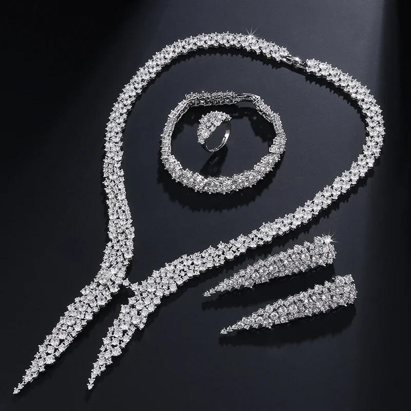 

Роскошные белые свадебные комплекты ювелирных украшений RAKOL с полным цветом для женщин, 4 предмета, серьги, ожерелье, браслет, кольцо, Свадебный комплект