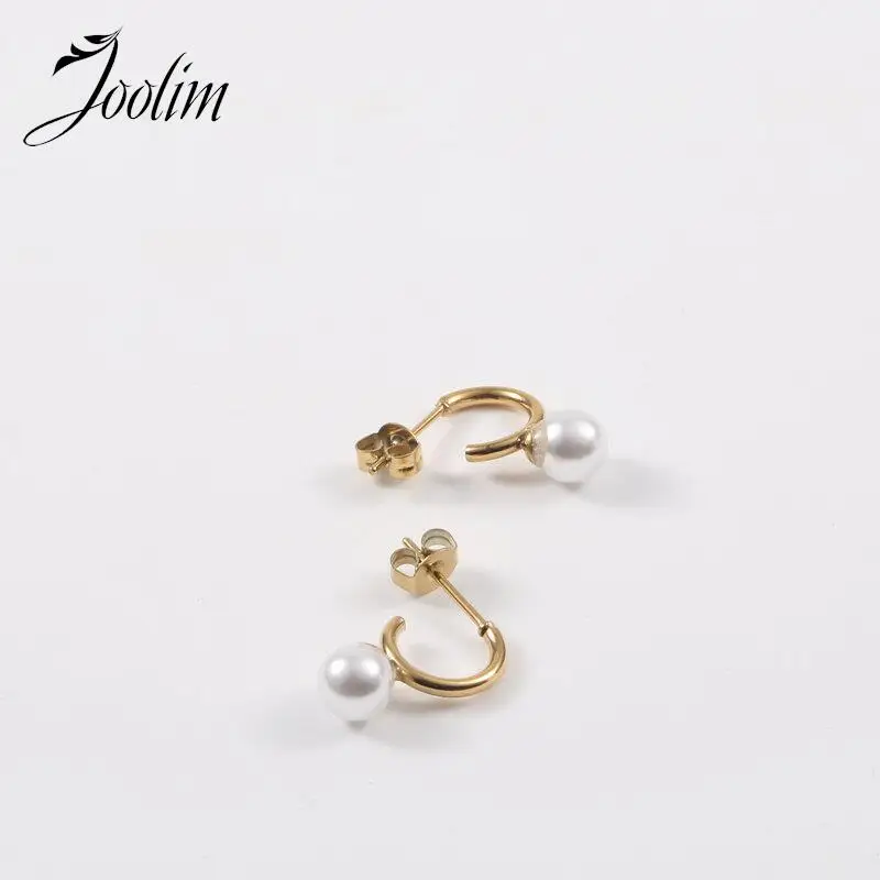 

Joolim Jewelry High Quality PVD No Fade Light Luxury Mini Pearl Drop J-shaped Hoop Stainless Steel Earring for Women