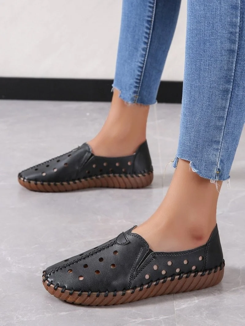 White Black Hollowed Moccasins for Women Genuine Leather Flats Breathable Loafers Shoes Women's Soft Casual Flat Shoes