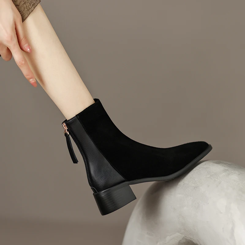 MythLuo Pumps Ankle Boots For Women Chunky Heels Boots Cow Suede Square Toe Mid Heels Back ZIP Office Ladies Casual Shoes Retro