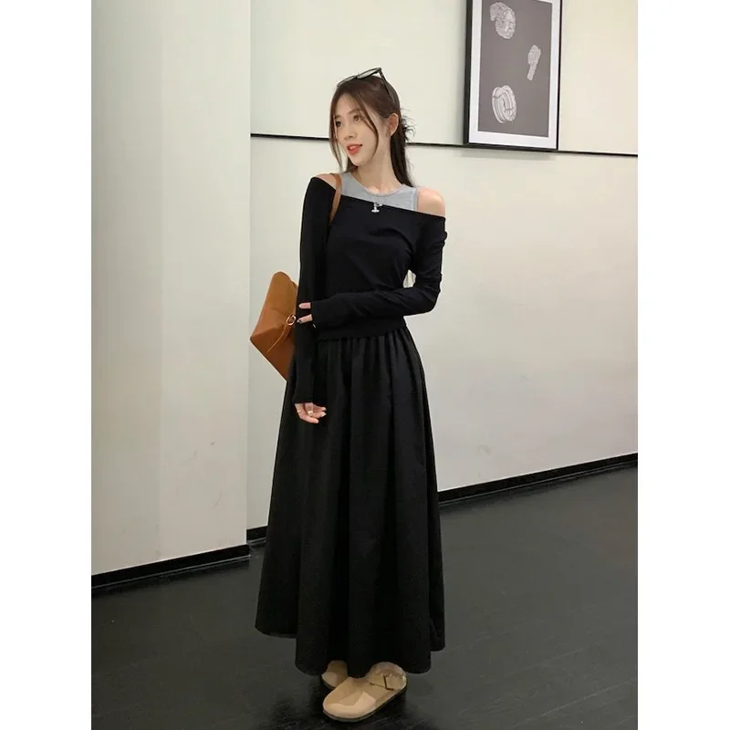 Chicautumnniche Элегантные корейские женские футболки для похудения костюм с открытыми