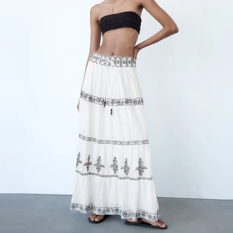 

TRAF Pleated Embroidery Long Skirts For Women Fashion 2023 New Midi Beach wind Skirt Woman High Waist Summer Skirt Streetwear