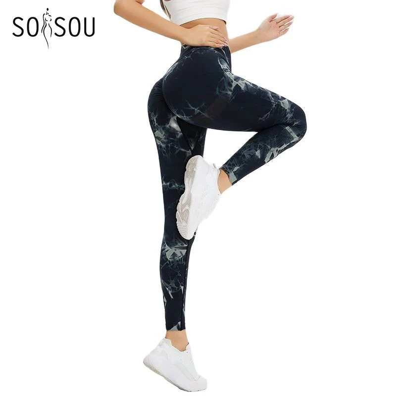 

SOISOU Tie-dye Women's Pants Gym Yoga Leggings Fitness Sport Tights High Waist Elastic Breathable 3 Colors