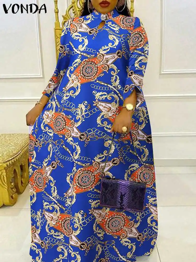 

Женское богемное искусственное винтажное платье 2022 VONDA, вечерние платья большого размера с высоким воротом, женское зеленое объемное плать...