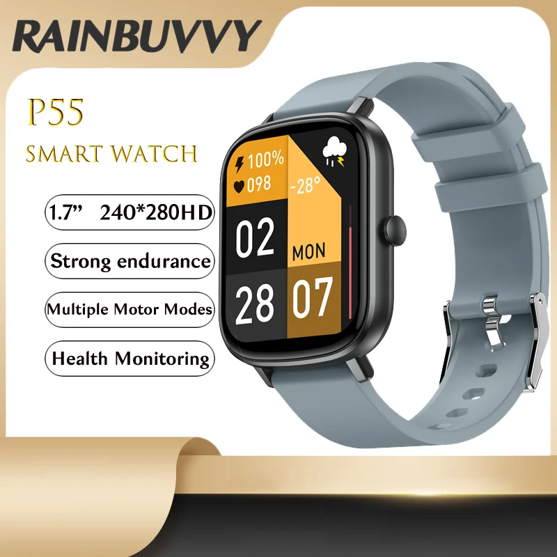 

Rainbuvvy P55 New Smartwatch 1.7 Inch Heart Rate Pedometer Sleep Monitoring Call Reminder Music Fashion Design Electronic Watch