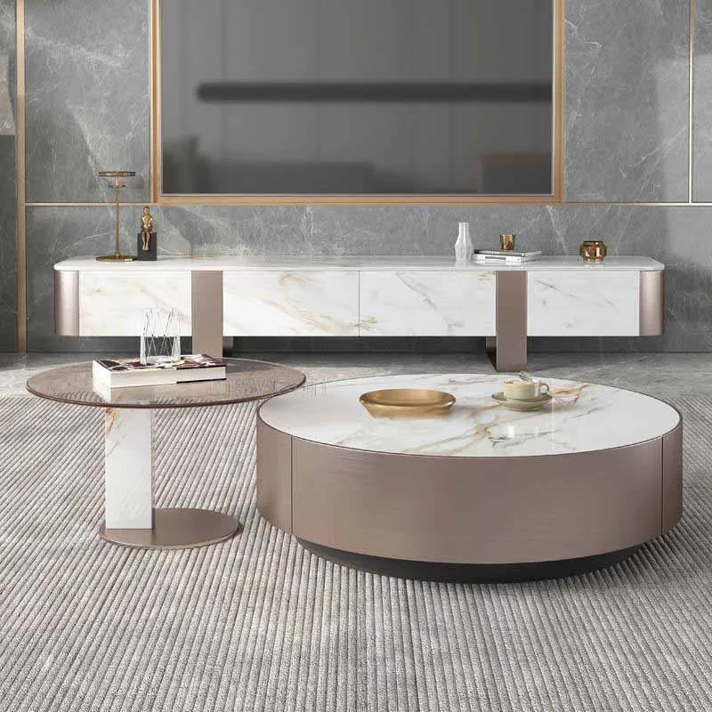

Light Luxury Modern Round Rock Board Coffee Table Creative Nordic Minimalist Small Apartment Coffee Table And TV Cabinet Set