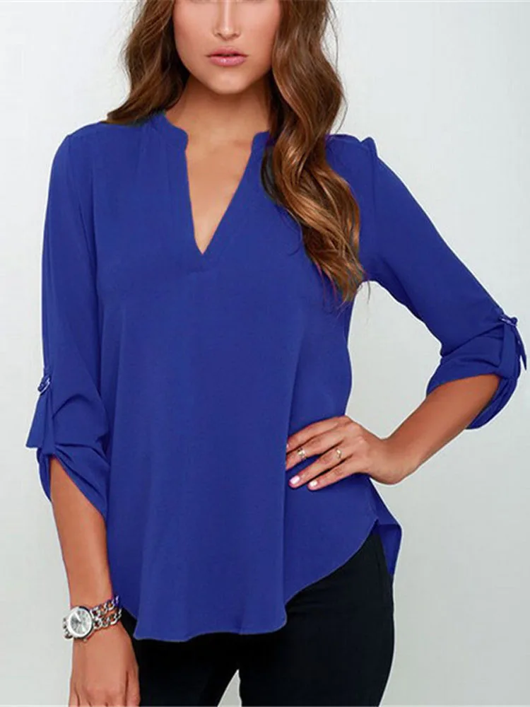 

2023 Fashion Women V-Neck Short Sleeve Lantern Sleeve Chiffon Loose Blouse Shirt Summer Women Solid Color Tops