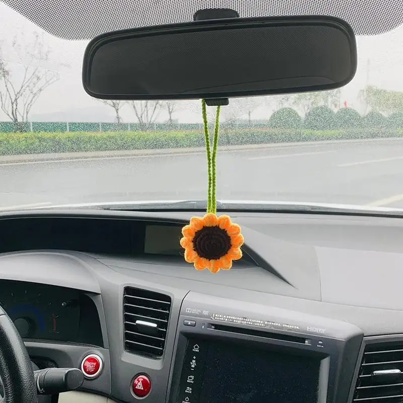 

Sunflower Car Ornament Car Rearview Mirror Sunflower Hangings Pendant Crochet Knitting Flowers Auto Rearview Mirror Accessories