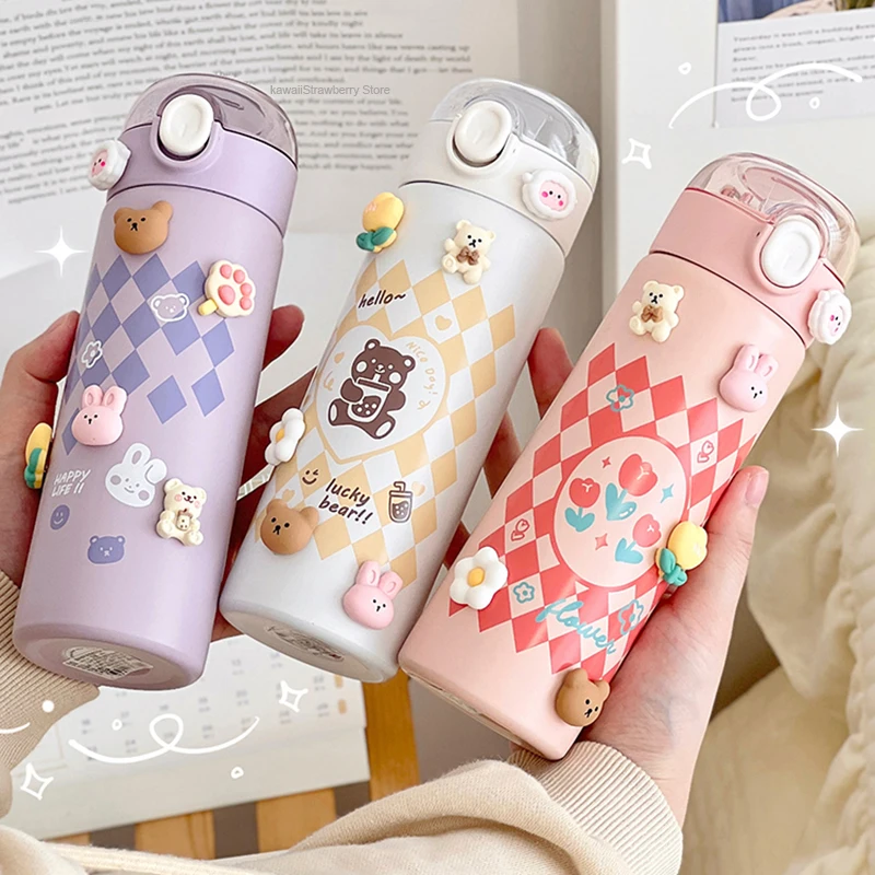 

380ml Kawaii Water Thermal Bottle Insulated Stainless Steel Coffee Tea Thermal Cup Tumbler With Straw Drinking Bottle GirlGift