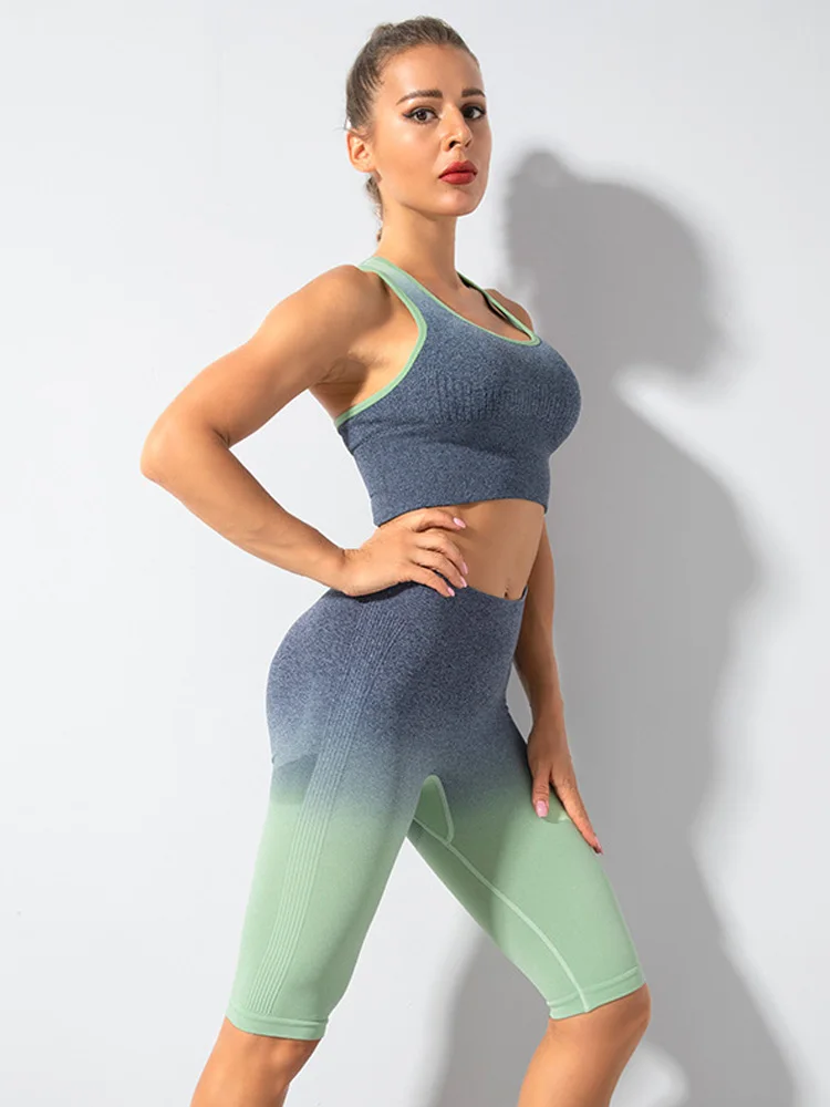 

ASHEYWR Seamless Fitness Sets Women Shockproof Push Up Bras Gradient Two Piece Suit Skinny High Elastic Workout Set Female