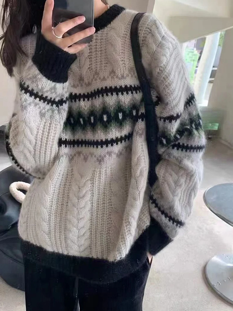 

Women Fall Knit Sweater Vintage Y2k Aesthetic Preppy Long Sleeve Round Neck Loose Grunge Knit Pullover Jumper Tops