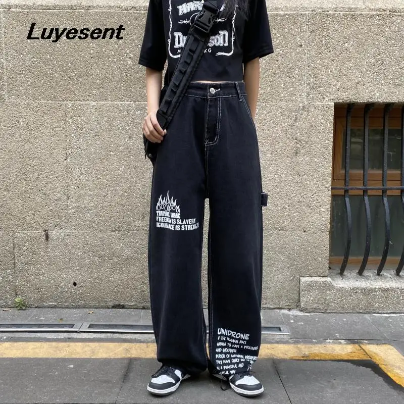 

Black Japanese Female Harajuku Straight Long Jeans Korean Women Fire Letter Print Denim Pants Mujer Empire Street Full Trousers