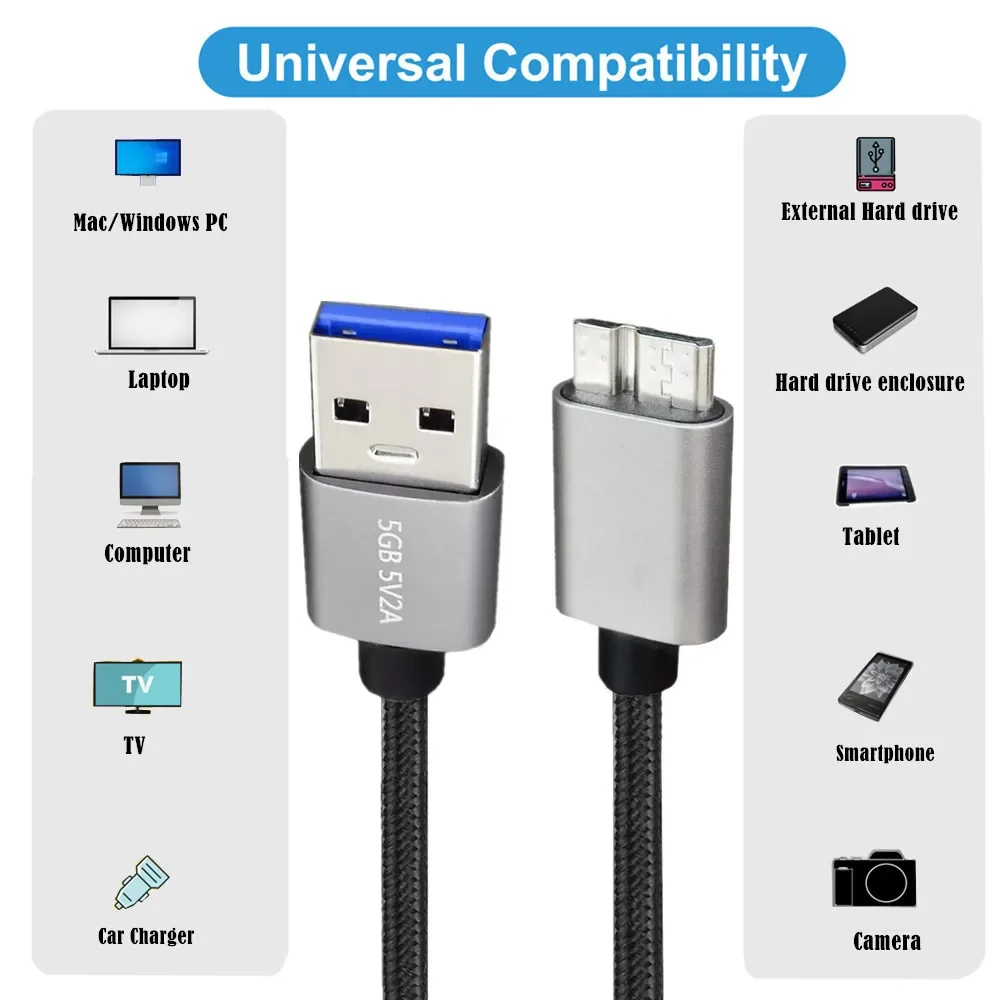 Фото Кабель Micro USB3.0 5 м, 3 м, штекер USB 3.0 типа A, шнур Micro B, совместимый с жестким диском камеры Samsung Galaxy S5 Note 3, и многого другого №2