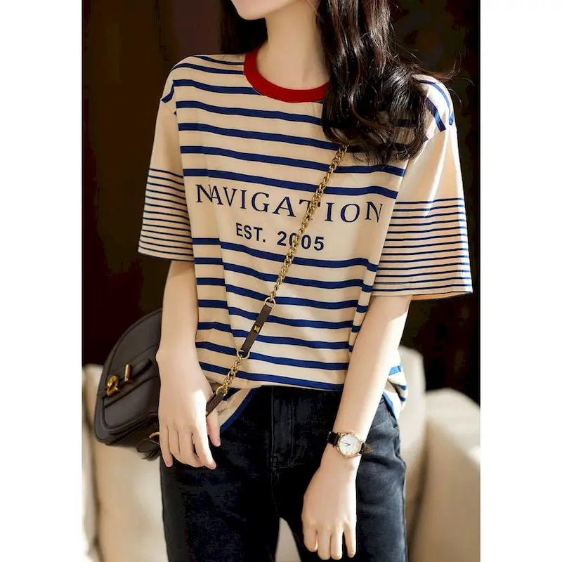 

2022 Spring Summer T Shirt Women Letter Printing Short-sleeved Cotton Striped T-shirt Fashion Korean Style Loose Thin Casual Top