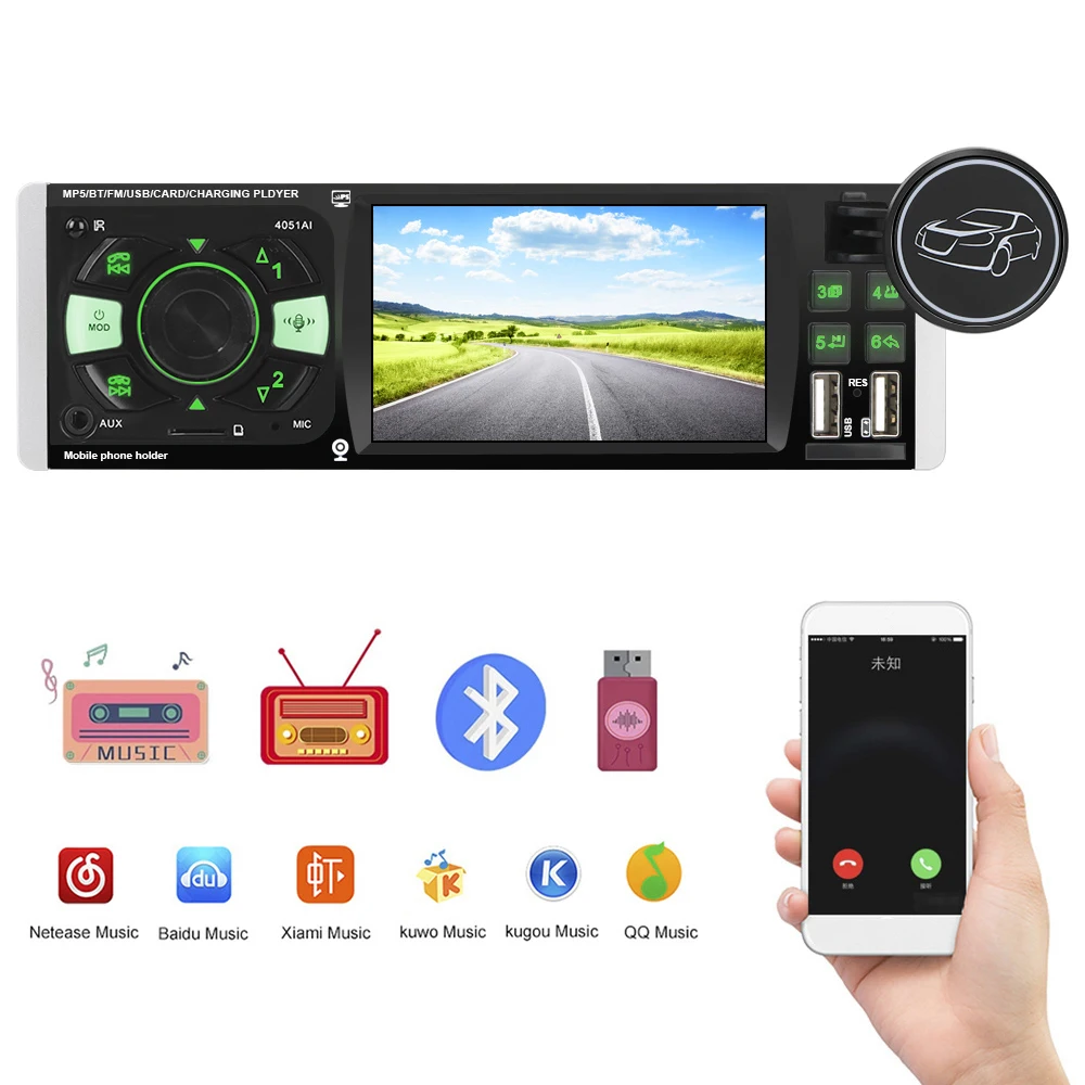 

Car HD Video Voice Bluetooth 4.2 Audio Video MP5 Player ISO Remote Multicolor Lighting TF USB Fast Charging 1 Din 4.1 Inch