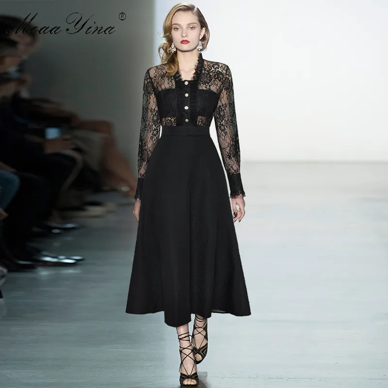 

Fashion Designer Set Spring Women's V neck See-through Lace Long sleeves Blouses Tops+Black Skirt Two-piece suit
