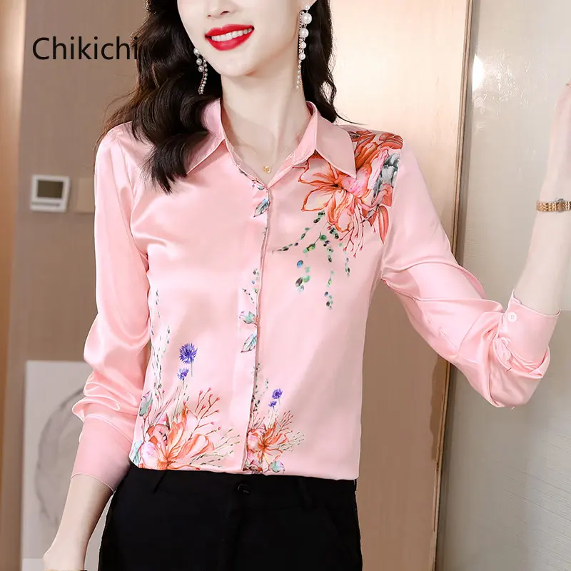 

Chikichi Blouses Korean Fashion Printed Long-sleeved Shirt Female Slim Satin Long-sleeved Pink Shirt Spring Womens Tops