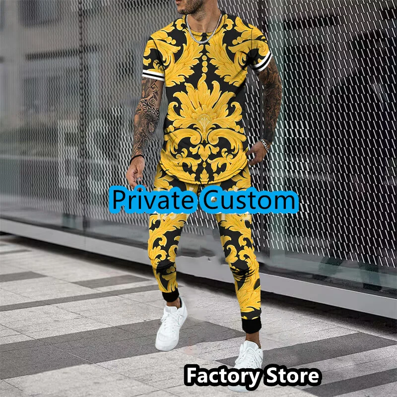 Oversized Men's Short Sleeve T-shirt Outfit Fashion Summer O-Neck 2 Piece Suit Pants Set 3D Print Jogger Clothing Man Streetwear