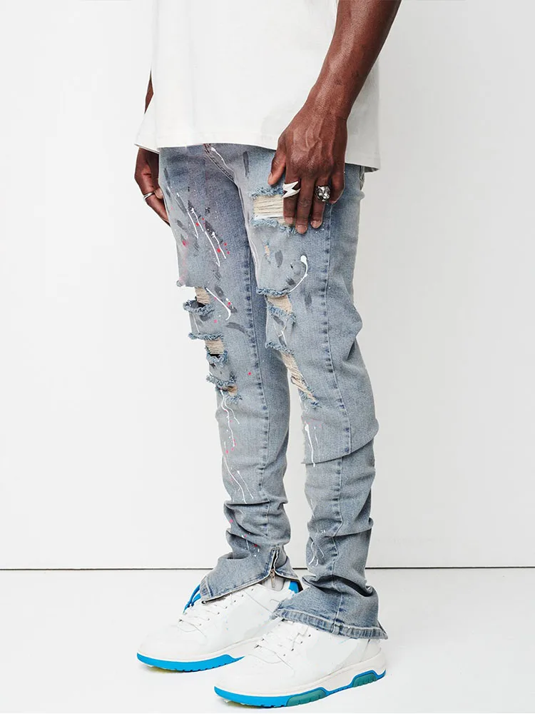 Side Slit Zipper Jeans Men's Paint Slim Fit Cotton Ripped Denim Pants Autumn High Street Fashion Knee Abrasion Light Blue Jeans