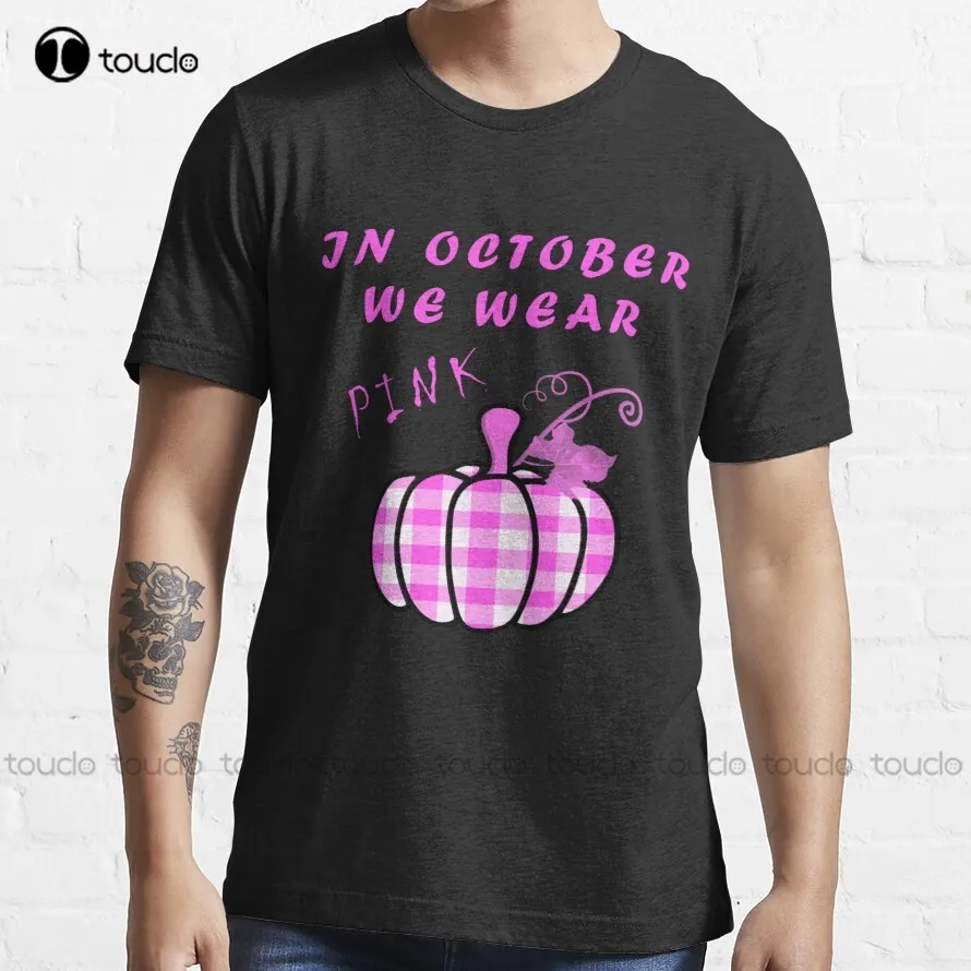 

In October We Wear Pink Pumpkin Plaid T-Shirt Gym Shirt Custom Aldult Teen Unisex Digital Printing Tee Shirt Xxs-5Xl Custom Gift