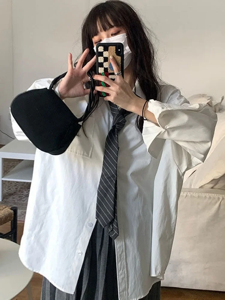 

Deeptown Harajuku Women White Blouse Oversized Chic Basic Korean Style With Tie Long Sleeve Blue Shirt Loose Preppy Fashion Top