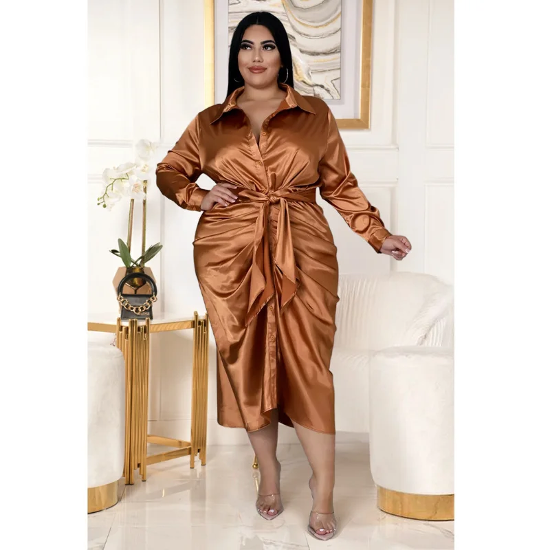 Plus Size Women Elegant Shirt Dress Long Sleeve Loose Belt Pleated Midi Dresses for Lady Casual Fashion r 3xl 4xl 5xl 6xl