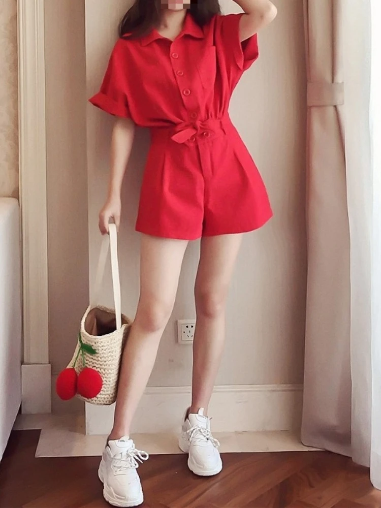 

Jumpsuit Polo Collar One Piece Casual Shorts 2023 Summer New Slimming Solid Color Short Sleeved Single Breasted Women's Jumpsuit
