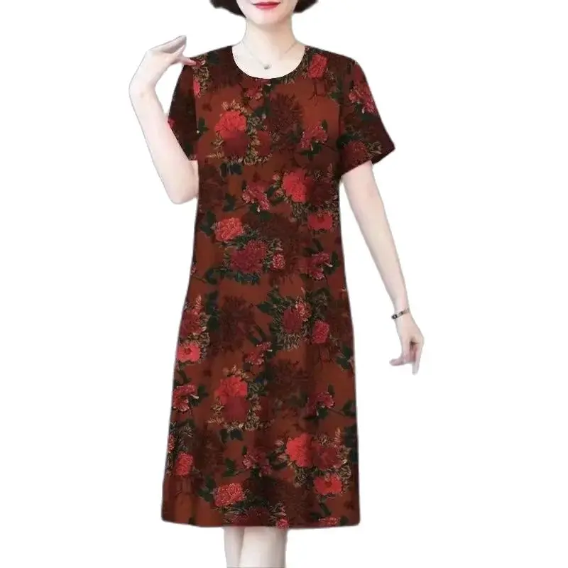 

Summer Middle-aged And Elderly Fashion Dresses, Ladies New Short-sleeved Printed Round Neck Loose Slim Straight Skirt Women.5XL