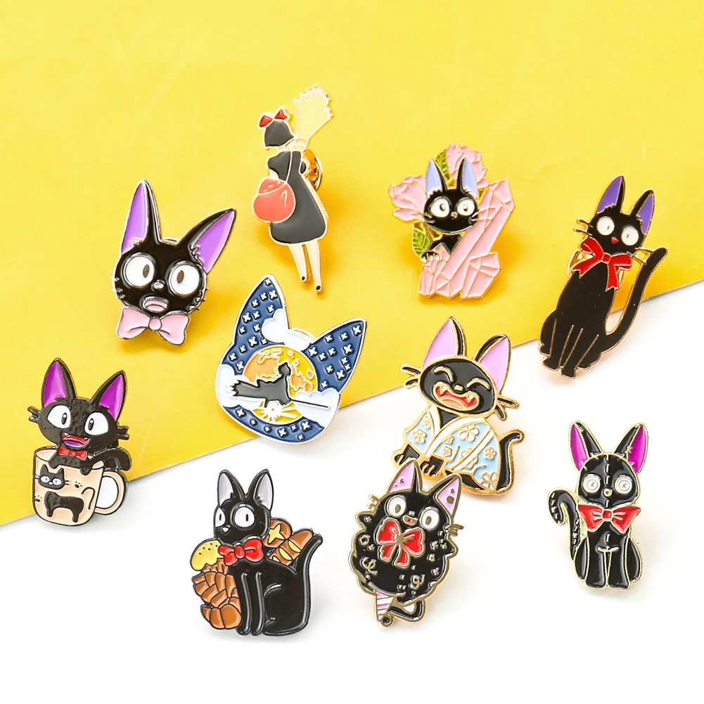 Cute Witch Kiki & JiJi Black Cat Enamel Pin Kawaii Cartoon Movie Pins Badge Brooch Ghibli Anime Fans Lapel Jewelry DIY Decor